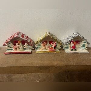 Vintage Christmas Japanese Cardboard Putz Style House Set of 3, unique rare